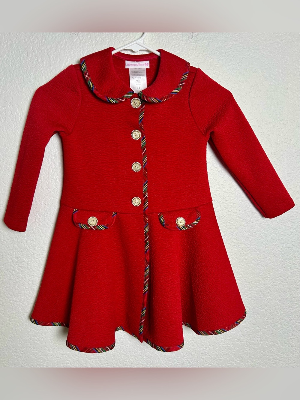 Bonnie Jean Girls Red Christmas Dress Coat 3T Tartan Trim Holiday